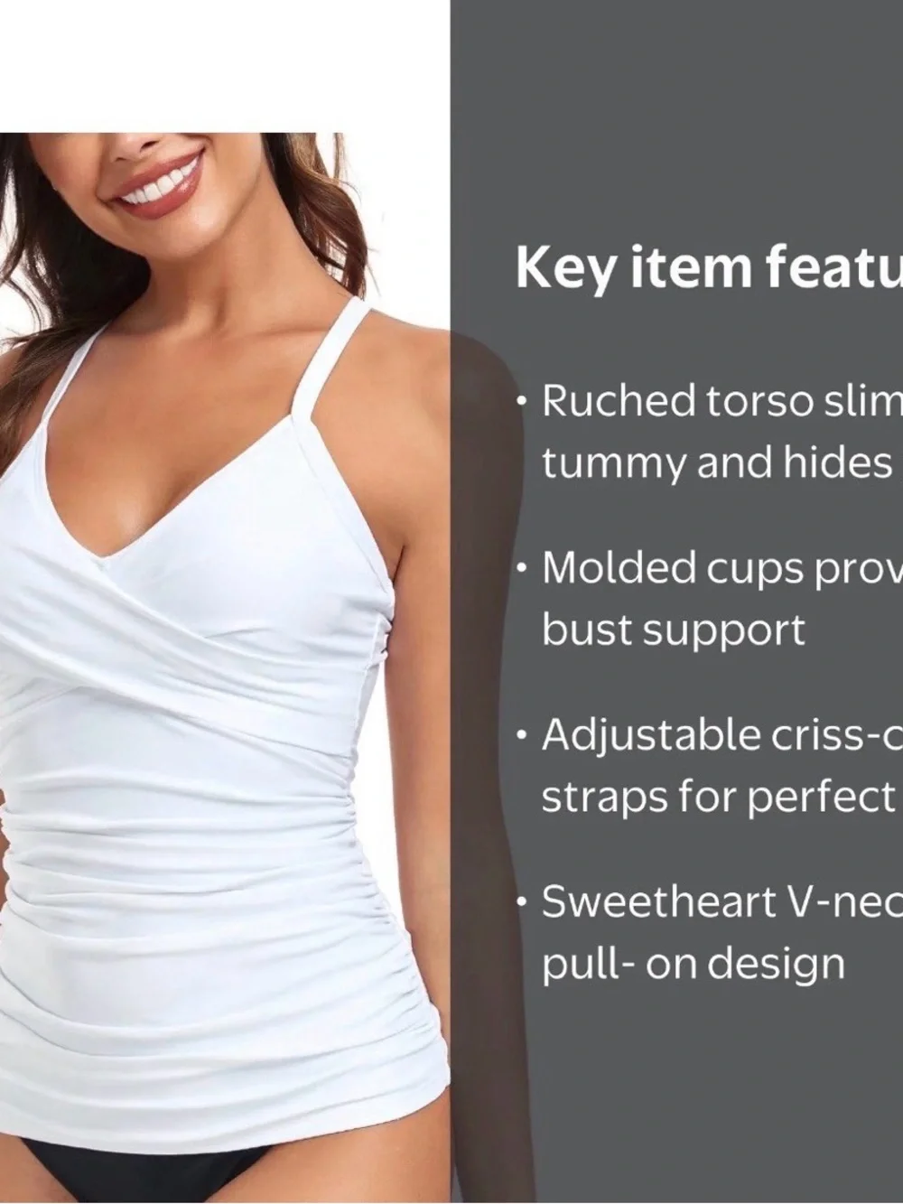 Women’s White Ruched Tankini Swim Top – Size Small